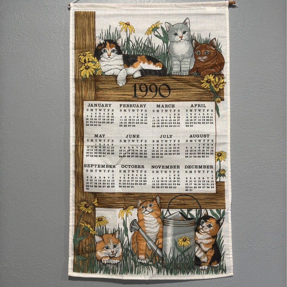 Vintage 1990 Kitten Cat Fabric Wall Calendar Tea Towel Cotton 15x25 Brazil Decor